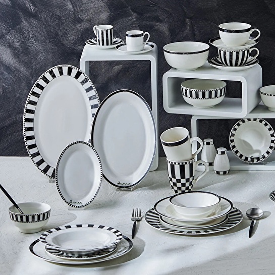 Karaca Damalı Çizgili Tek Kişilik Porselen Kahve Fincanı ve Tabağı 90 ml