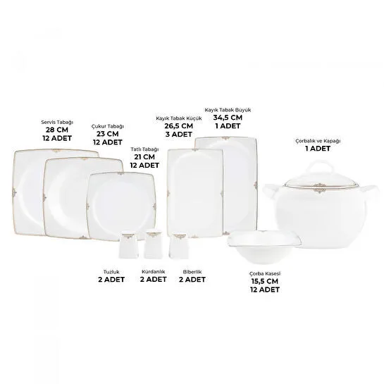 Emsan Fine Bone Estiva Gold 61 Parça 12 Kişilik Kare Yemek Takımı