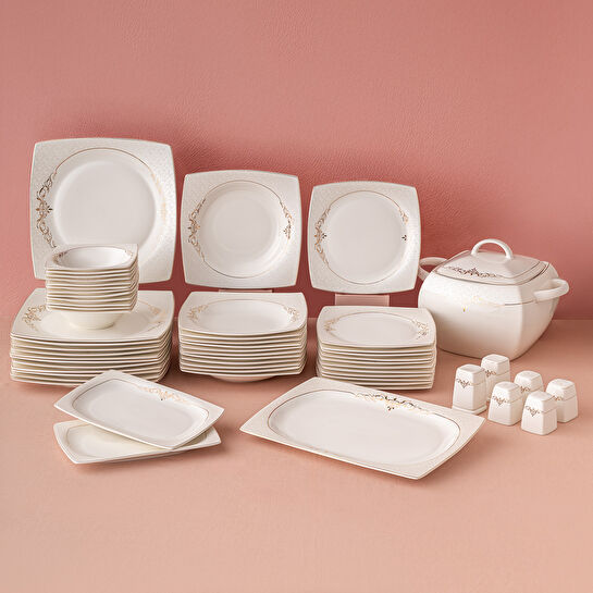 Emsan Lorella Fine Bone 61 Parça 12 Kişilik Kare Yemek Takımı Gold