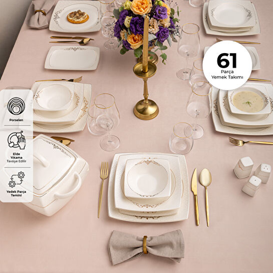 Emsan Lorella Fine Bone 61 Parça 12 Kişilik Kare Yemek Takımı Gold