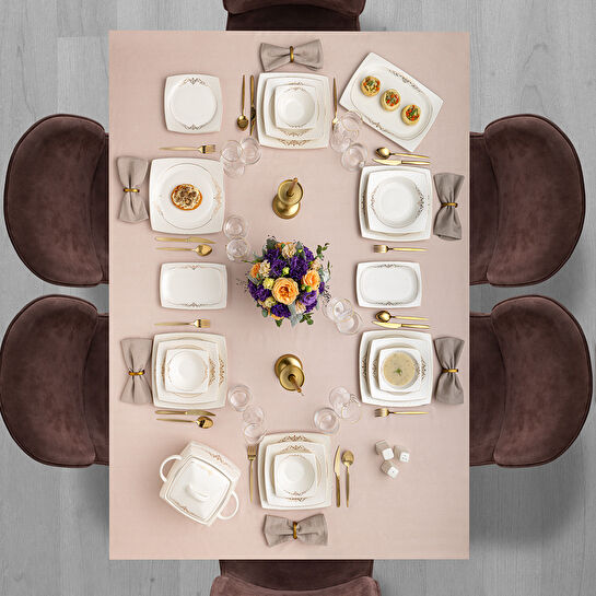 Emsan Lorella Fine Bone 61 Parça 12 Kişilik Kare Yemek Takımı Gold