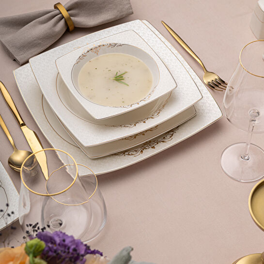 Emsan Lorella Fine Bone 61 Parça 12 Kişilik Kare Yemek Takımı Gold