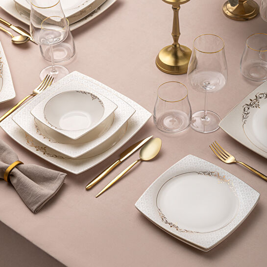 Emsan Lorella Fine Bone 61 Parça 12 Kişilik Kare Yemek Takımı Gold