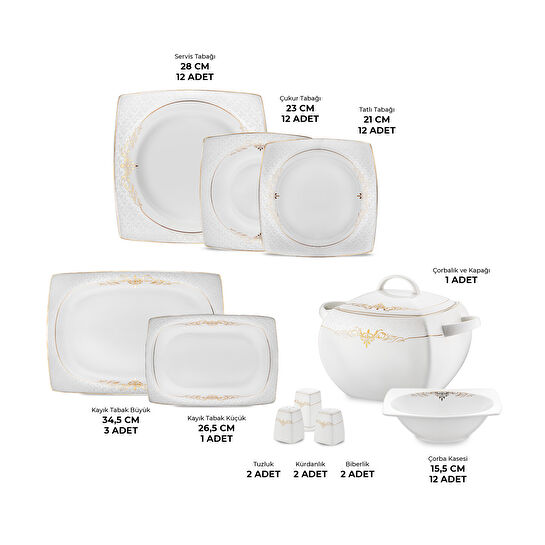 Emsan Lorella Fine Bone 61 Parça 12 Kişilik Kare Yemek Takımı Gold