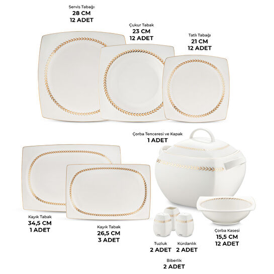 Emsan Başak Fine Bone 60 Parça 12 Kişilik Kare Yemek Takımı Gold