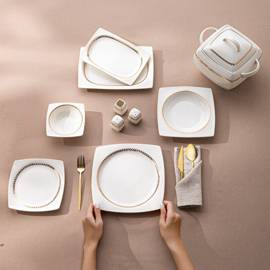 Emsan Başak Fine Bone 60 Parça 12 Kişilik Kare Yemek Takımı Gold