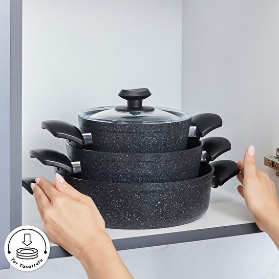 Karaca Biogranit Defne V2 7 Parça Tencere Seti ve Tava Siyah