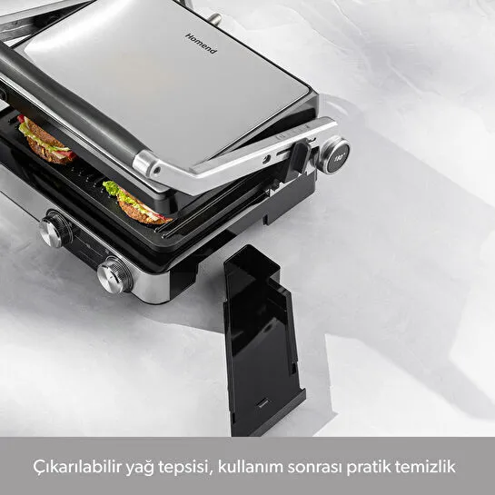 Homend Grilliant 1340H 4 Dilim Kapasiteli Gövde Alt ve Üst Sıcaklığı Ayrı Kontrol Edilebilen Döküm Plakalı Tost ve Izgara Makinesi Inox 2000W
