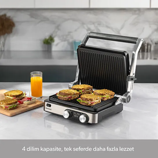 Homend Grilliant 1340H 4 Dilim Kapasiteli Gövde Alt ve Üst Sıcaklığı Ayrı Kontrol Edilebilen Döküm Plakalı Tost ve Izgara Makinesi Inox 2000W