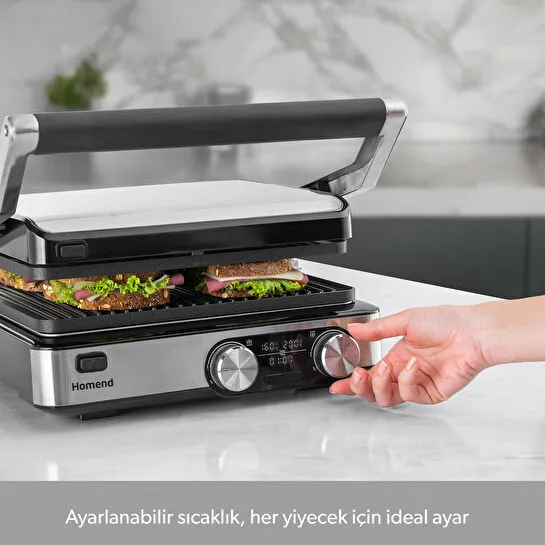 Homend Grilliant 1340H 4 Dilim Kapasiteli Gövde Alt ve Üst Sıcaklığı Ayrı Kontrol Edilebilen Döküm Plakalı Tost ve Izgara Makinesi Inox 2000W