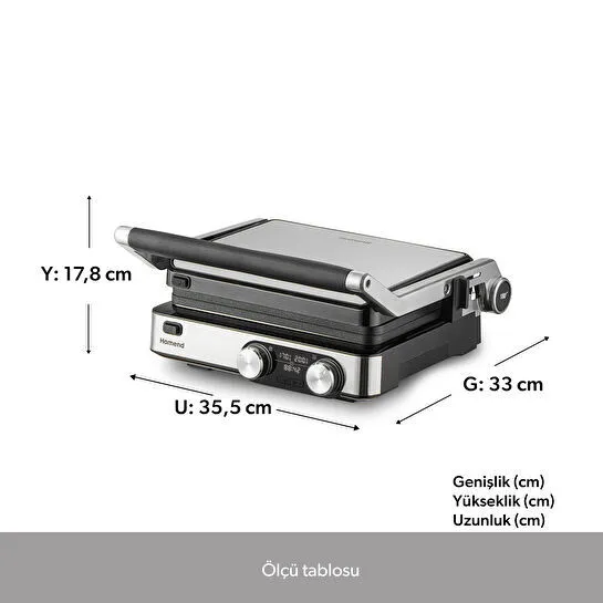 Homend Grilliant 1340H 4 Dilim Kapasiteli Gövde Alt ve Üst Sıcaklığı Ayrı Kontrol Edilebilen Döküm Plakalı Tost ve Izgara Makinesi Inox 2000W