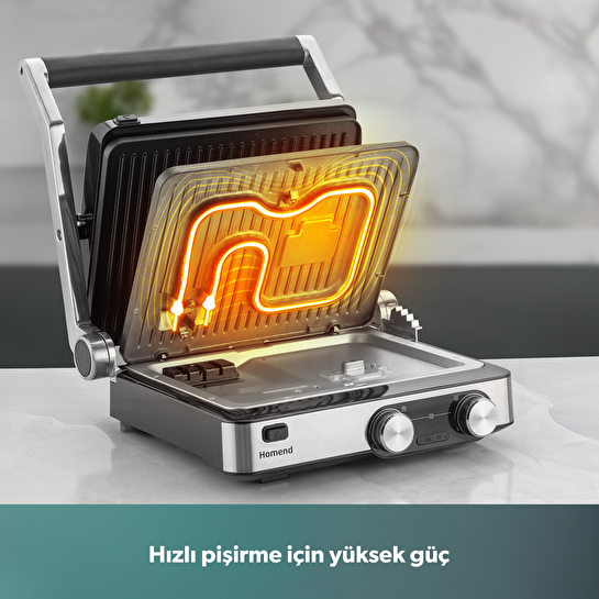 Homend Grilliant 1340H 4 Dilim Kapasiteli Gövde Alt ve Üst Sıcaklığı Ayrı Kontrol Edilebilen Döküm Plakalı Tost ve Izgara Makinesi Inox 2000W