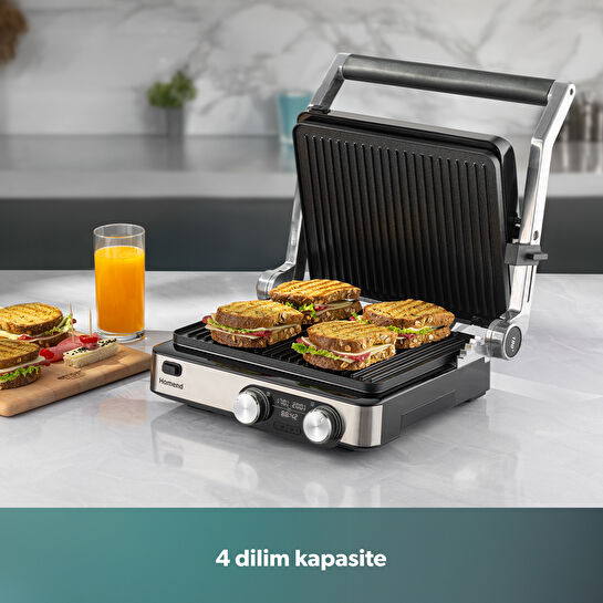 Homend Grilliant 1340H 4 Dilim Kapasiteli Gövde Alt ve Üst Sıcaklığı Ayrı Kontrol Edilebilen Döküm Plakalı Tost ve Izgara Makinesi Inox 2000W