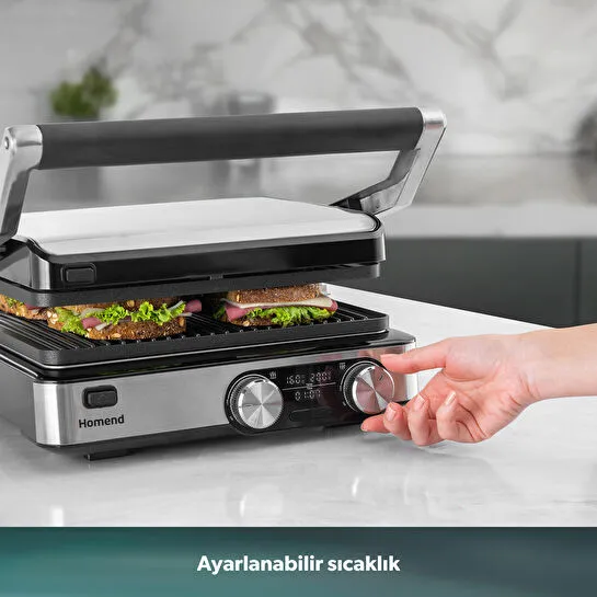 Homend Grilliant 1340H 4 Dilim Kapasiteli Gövde Alt ve Üst Sıcaklığı Ayrı Kontrol Edilebilen Döküm Plakalı Tost ve Izgara Makinesi Inox 2000W