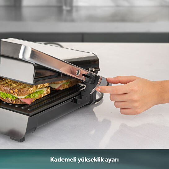 Homend Grilliant 1340H 4 Dilim Kapasiteli Gövde Alt ve Üst Sıcaklığı Ayrı Kontrol Edilebilen Döküm Plakalı Tost ve Izgara Makinesi Inox 2000W