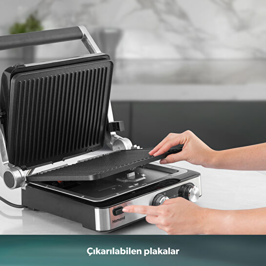 Homend Grilliant 1340H 4 Dilim Kapasiteli Gövde Alt ve Üst Sıcaklığı Ayrı Kontrol Edilebilen Döküm Plakalı Tost ve Izgara Makinesi Inox 2000W