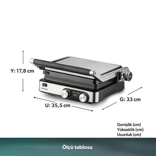Homend Grilliant 1340H 4 Dilim Kapasiteli Gövde Alt ve Üst Sıcaklığı Ayrı Kontrol Edilebilen Döküm Plakalı Tost ve Izgara Makinesi Inox 2000W