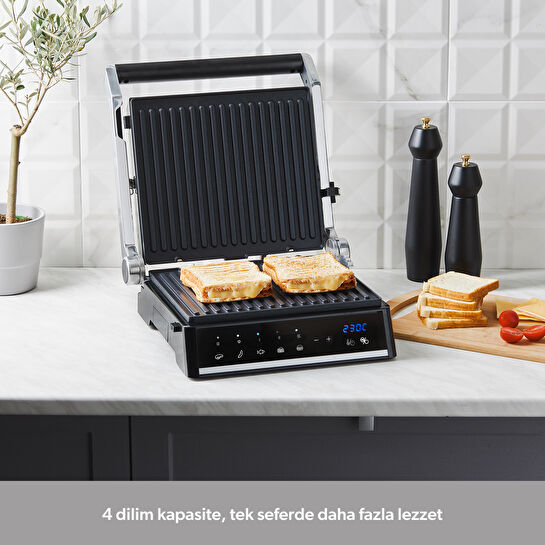 Homend Grilliant 1341H Inox Gövdeli, Döküm Plakalı, 5 Programlı, Led Ekranlı Tost ve Izgara Makinesi