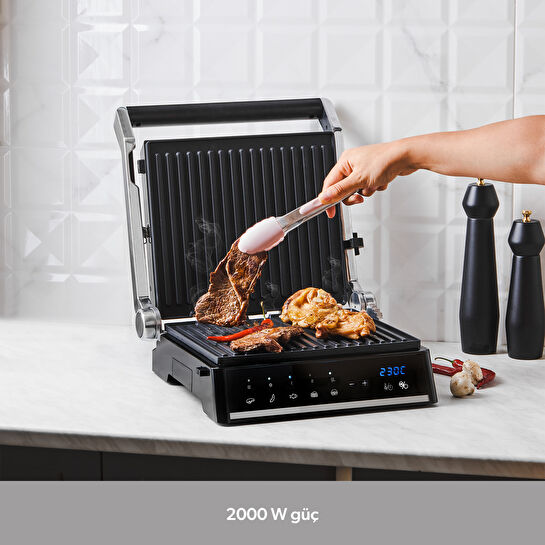 Homend Grilliant 1341H Inox Gövdeli, Döküm Plakalı, 5 Programlı, Led Ekranlı Tost ve Izgara Makinesi