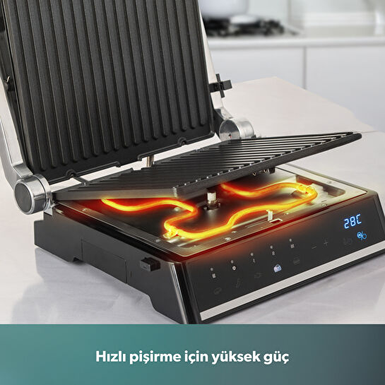Homend Grilliant 1341H Inox Gövdeli, Döküm Plakalı, 5 Programlı, Led Ekranlı Tost ve Izgara Makinesi