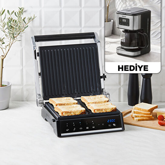 Homend Grilliant 1341H Inox Gövdeli, Döküm Plakalı, 5 Programlı, Led Ekranlı Tost ve Izgara Makinesi