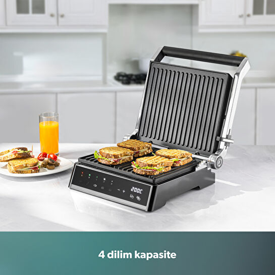 Homend Grilliant 1341H Inox Gövdeli, Döküm Plakalı, 5 Programlı, Led Ekranlı Tost ve Izgara Makinesi