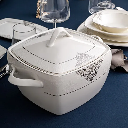 Emsan New Yasemin Porselen 60 Parça 12 Kişilik Yarım Kare Yemek Takımı Platin 