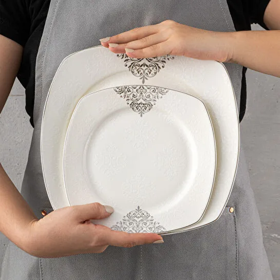 Emsan New Yasemin Porselen 60 Parça 12 Kişilik Yarım Kare Yemek Takımı Platin 