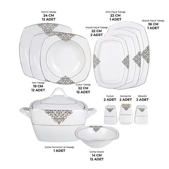 Emsan New Yasemin Porselen 60 Parça 12 Kişilik Yarım Kare Yemek Takımı Platin 