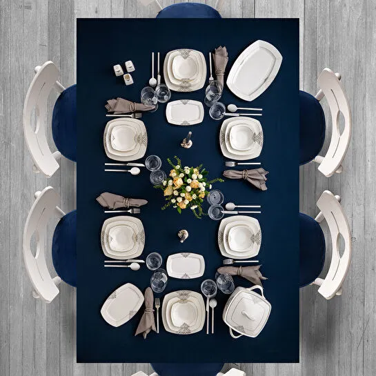 Emsan New Yasemin Porselen 60 Parça 12 Kişilik Yarım Kare Yemek Takımı Platin 