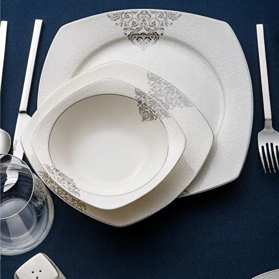 Emsan New Yasemin Porselen 60 Parça 12 Kişilik Yarım Kare Yemek Takımı Platin 