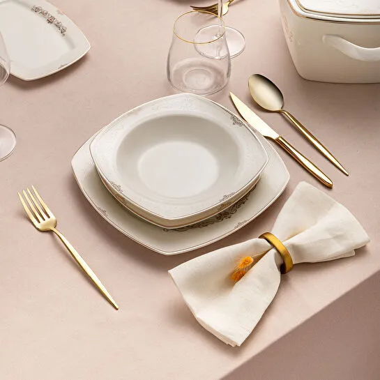 Emsan Bone Yeni Mimoza 12 Kişilik Yemek Takımı 60 Parça Yarım Kare