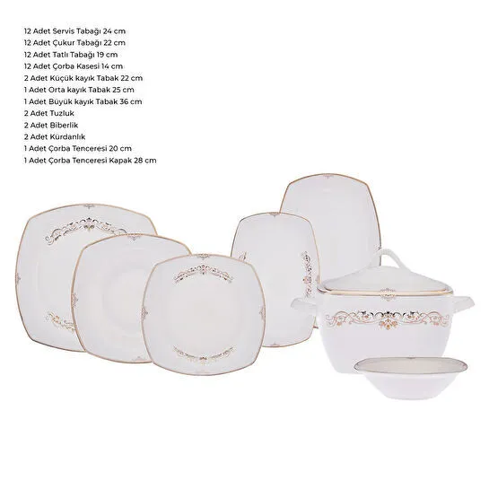 Emsan Bone Yeni Mimoza 12 Kişilik Yemek Takımı 60 Parça Yarım Kare