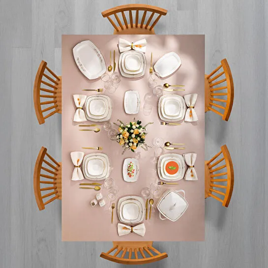 Emsan Bone Yeni Mimoza 12 Kişilik Yemek Takımı 60 Parça Yarım Kare