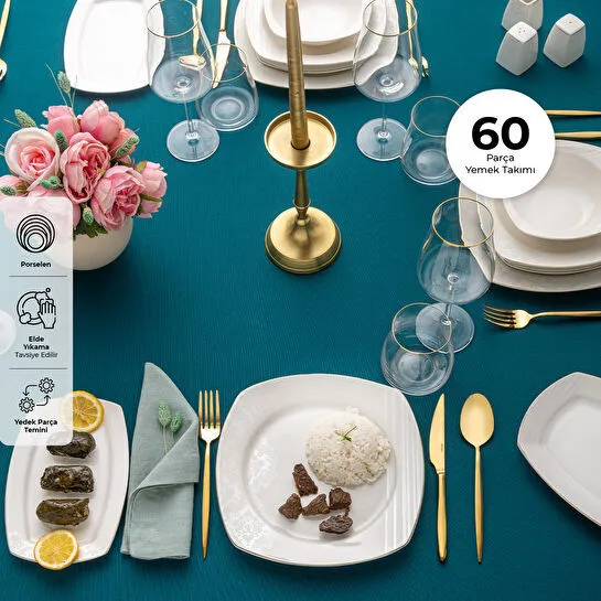 Emsan Bone Yeni Nilüfer 60 Parça 12 Kişilik Yemek Takımı Yarım Kare