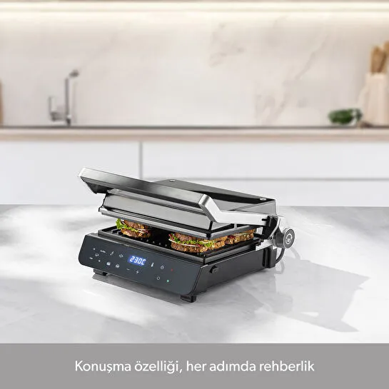 Homend Grilliant 1343H Cam Yüzeyli, 5 Hazır Programlı, Döküm Plakalı, Led Ekranlı Konuşan Tost ve Izgara Makinesi