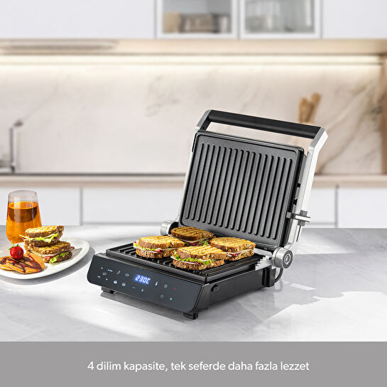Homend Grilliant 1343H Cam Yüzeyli, 5 Hazır Programlı, Döküm Plakalı, Led Ekranlı Konuşan Tost ve Izgara Makinesi