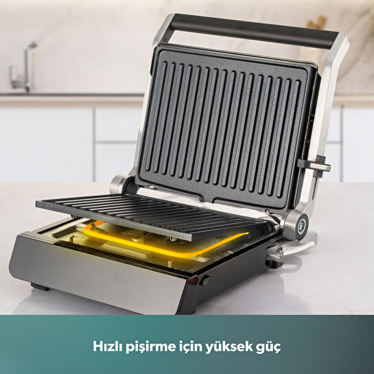 Homend Grilliant 1343H Cam Yüzeyli, 5 Hazır Programlı, Döküm Plakalı, Led Ekranlı Konuşan Tost ve Izgara Makinesi
