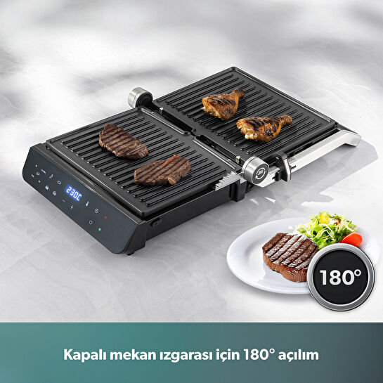 Homend Grilliant 1343H Cam Yüzeyli, 5 Hazır Programlı, Döküm Plakalı, Led Ekranlı Konuşan Tost ve Izgara Makinesi