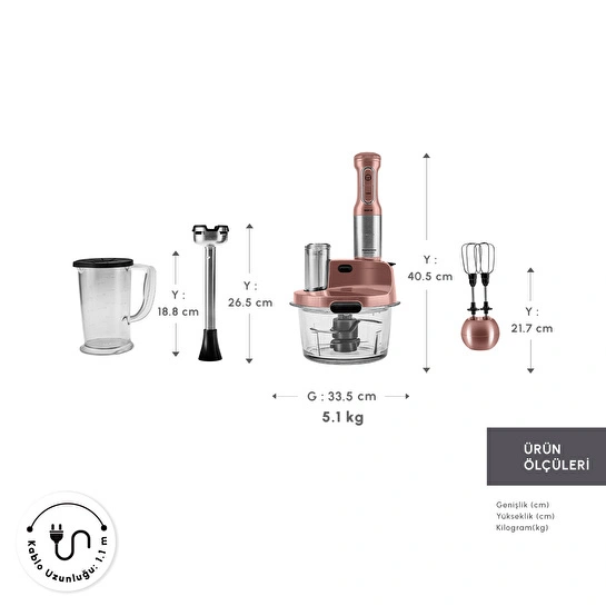 Karaca Mastermaid Prosteel Uzun Blender Ayaklı 6 Bıçaklı Cam Mutfak Robotu 2500W Rosegold