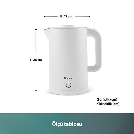 Homend Heatrow Cooltouch 1618H Paslanmaz Çelik El Yakmaz Gövdeli Su Isıtıcısı Beyaz