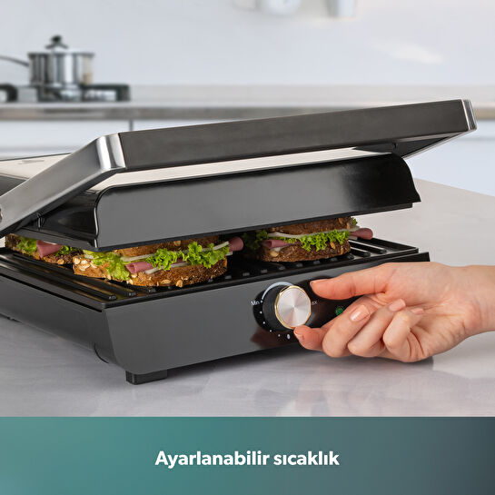 Homend Grilliant 4 Dilim Kapasiteli Gövdeli Döküm Plakalı Tost ve Izgara Makinesi Inox 2000W