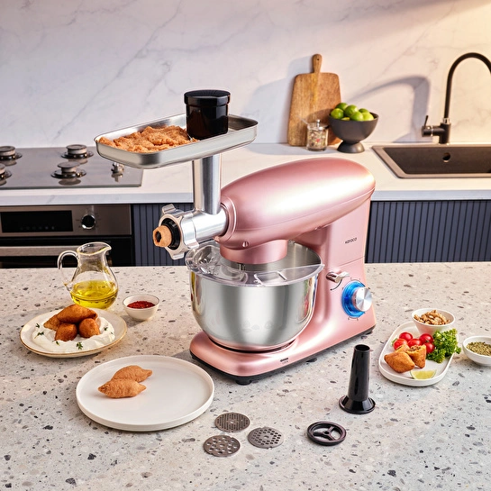 Karaca Multichef Kıyma Çekme /Sucuk-Sosis/İçli Köfte Aparatlı Hamur Yoğurma Makinesi Rosegold 1900W 5,5L