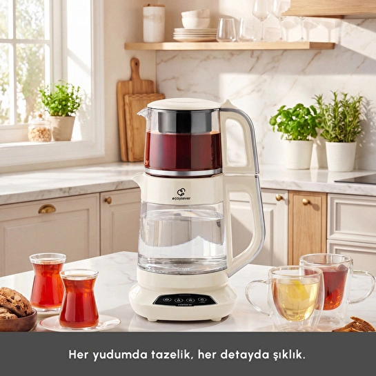 Karaca Çaysever 3 in 1 Konuşan Çelik Süzgeçli Su Isıtıcı ve Mama Suyu Hazırlama Cam Çay Makinesi Starlight
