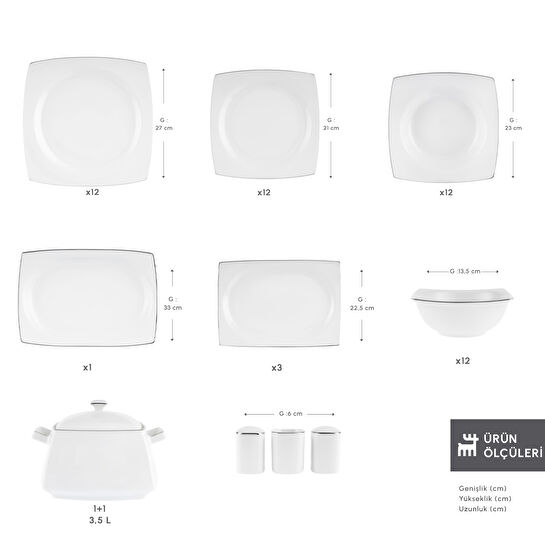 Karaca Square Bone Talia 60 Parça 12 Kişilik Yemek Takımı Platin