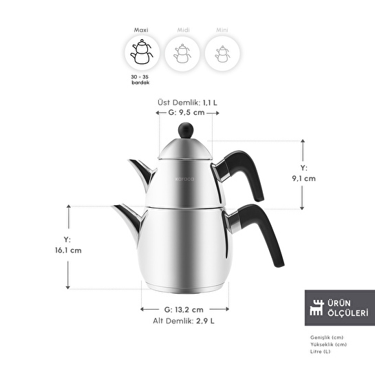 Karaca Powersteel Pro 316+ Tokyo Çelik İndüksiyon Tabanlı Maxi Çaydanlık Takımı 1,25L & 2,9L