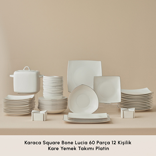 Karaca Square Bone Lucia 60 Parça 12 Kişilik Yemek Takımı Platin