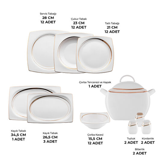 Emsan Fine Bone Hale 60 Parça 12 Kişilik Kare Yemek Takımı Gold