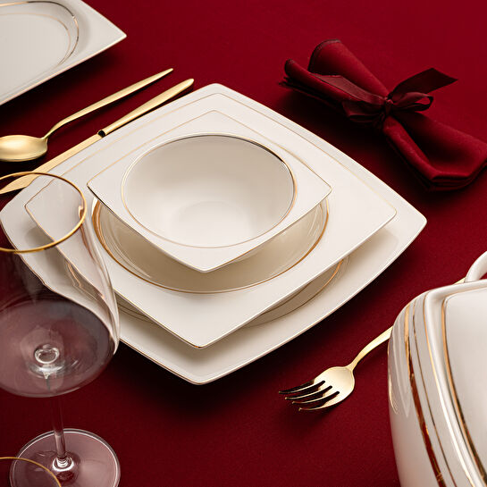 Emsan Fine Bone Hale 60 Parça 12 Kişilik Kare Yemek Takımı Gold