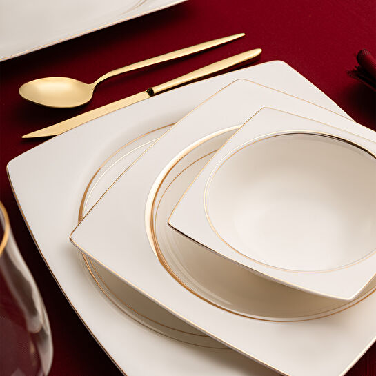 Emsan Fine Bone Hale 60 Parça 12 Kişilik Kare Yemek Takımı Gold